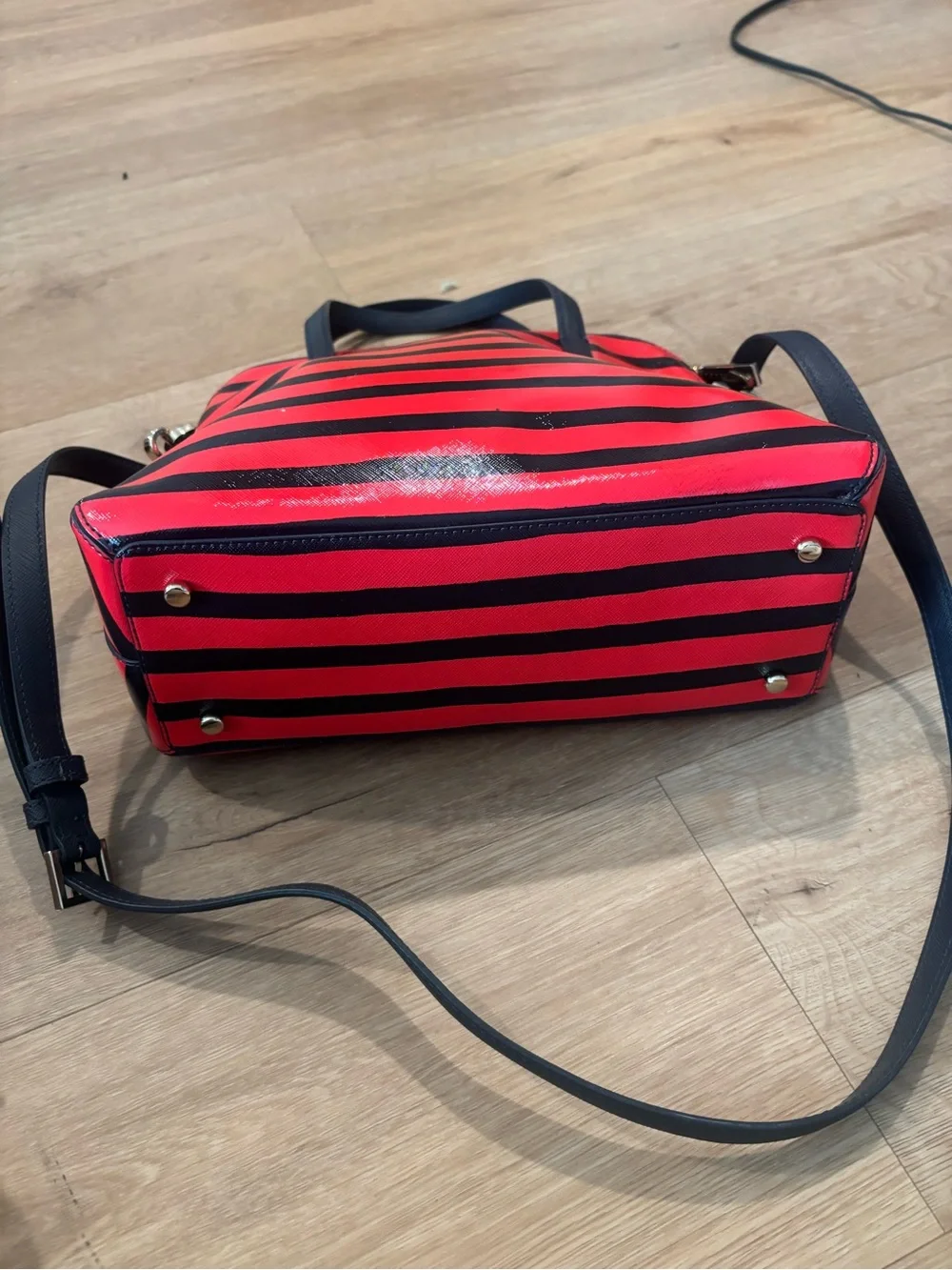 kate spade Red and Navy Striped Dome Satchel with Bow Accent